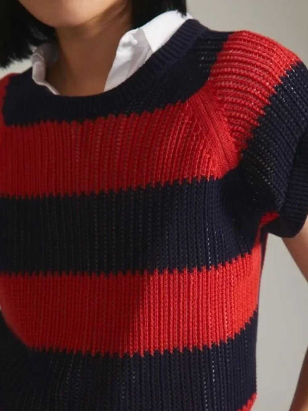 Clare V Raglan Sweater Vest M Navy Blue Red Striped Open Knit Short Sleeve Top
